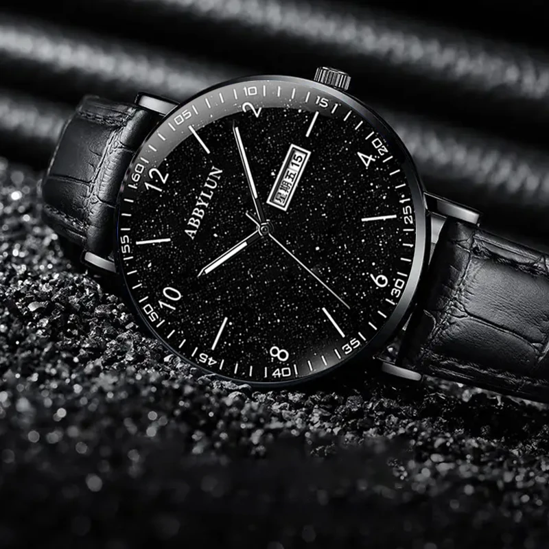 Abbylou 981 jam tangan pria Quartz, jam tangan kulit jaring langit berbintang tahan air untuk pria