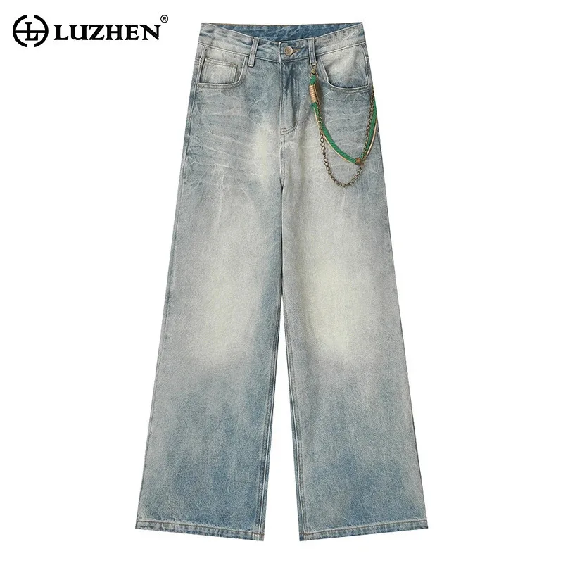 

LUZHEN 2025 New American Style Vintage Washed Straight Denim Pants Men's Stylish Street Metal Chain Decorate Male Jeans JY1273