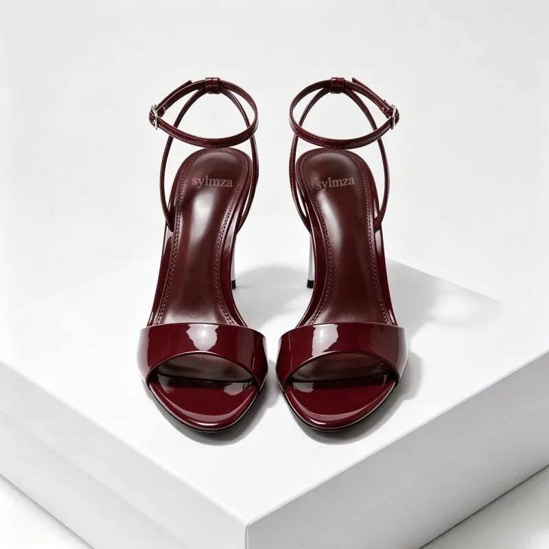 Sexy Brand High Heels Women Open Toe Ankle Strap Patent Leather Metal Thin Heels Sandals Female Elegant Party Dress Shoes Pumps image 4