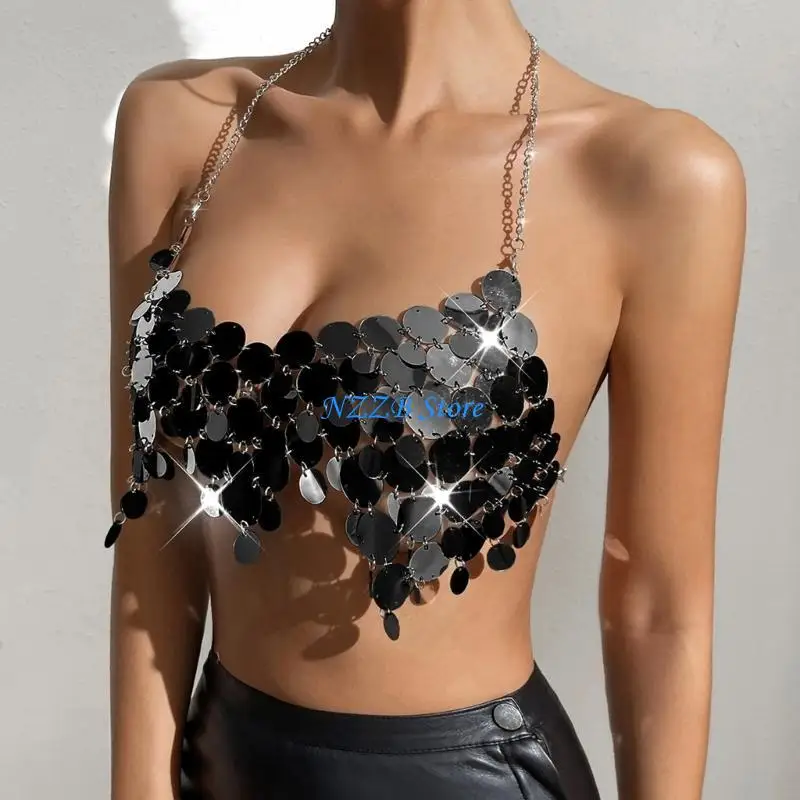

T21F Sparkling Sequins Tassels Halterneck Crop Top Body Chain Jewelry Bra for Womens Nightclub and Beach Parties
