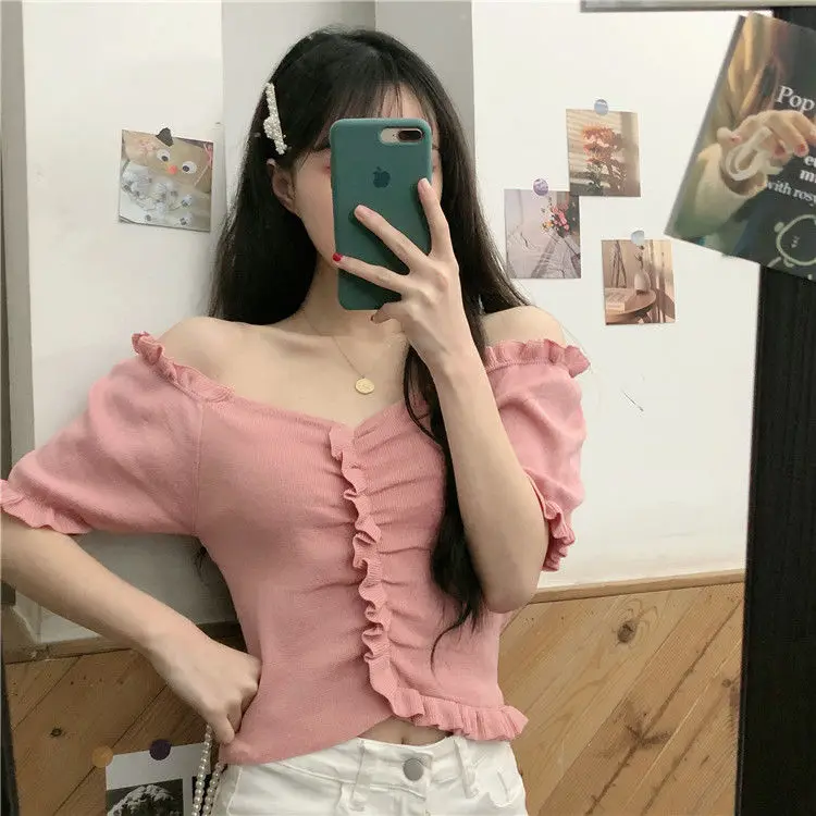 

Summer new Korean version V-neck pullover short top candy colored bubble short sleeved knitted top