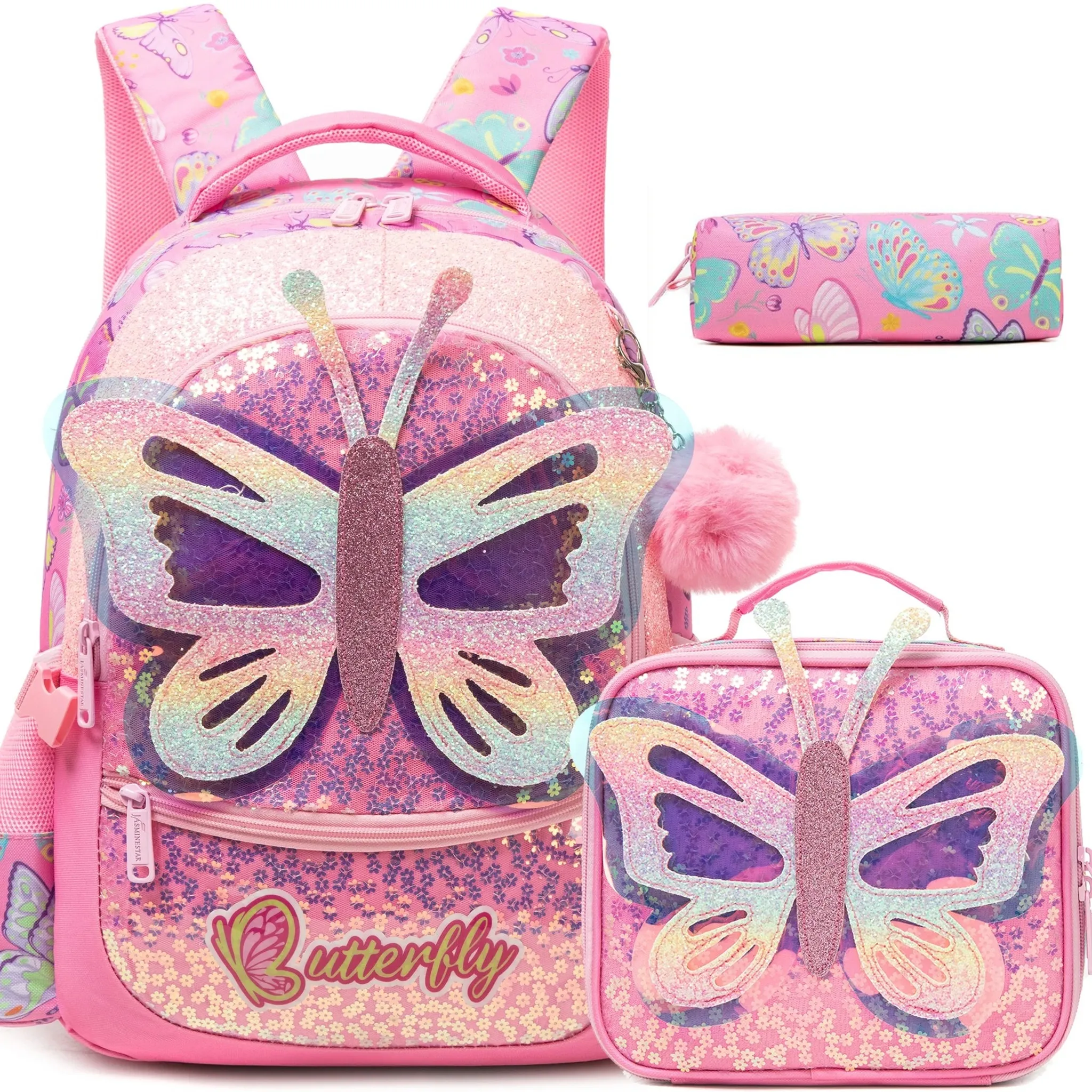 

Butterfly Backpack for Girl Bookbag Children Shoulder Bag with Insulated Lunchbox Casual Daypack for Student Back To School Gift