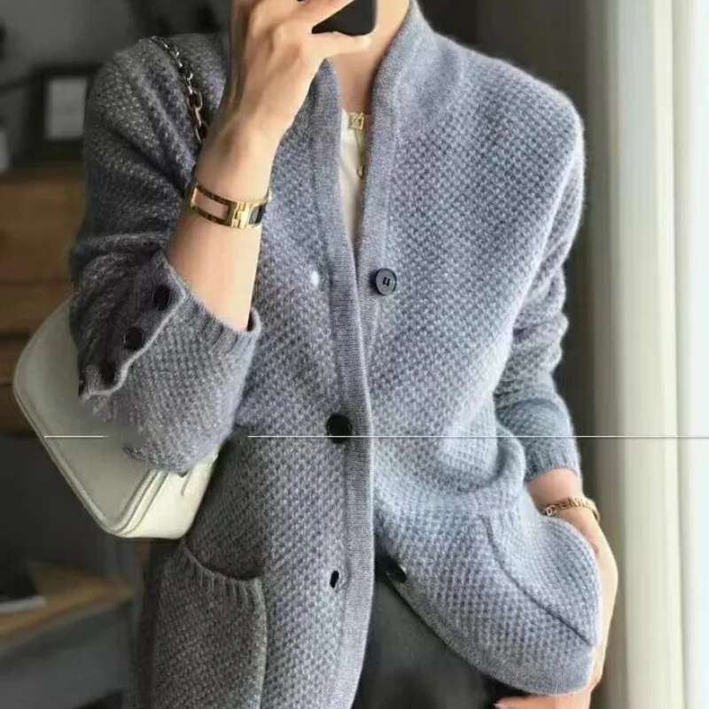 Autumn and Winter Women\'s Solid Round Neck Long Sleeve Single Breasted Slim Knitted Cardigan Fashion Casual Formal Commuter Tops