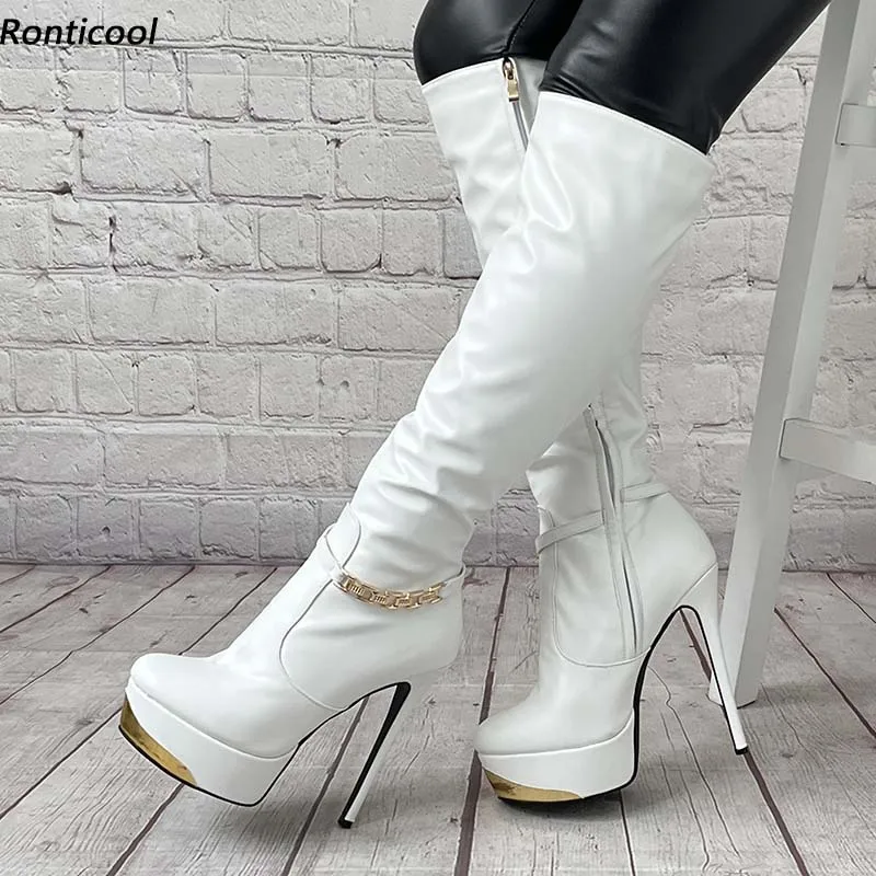 

Ronticool Handmade Women Winter Knee High Boots Side Zipper Stiletto Heel Round Toe White Party Shoes US Plus Size 5-20