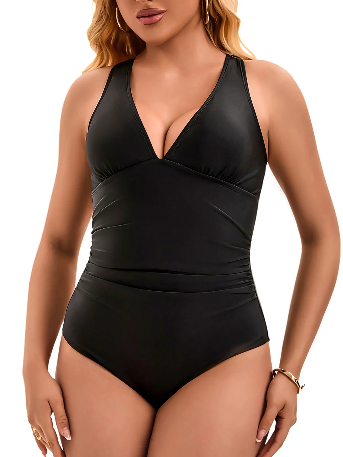 Vintage Black Swimwear Women Large Size Sexy V Neck Pleate Slim Backless Cross One Piece Swimsuit Beach Bathing Swimming Suits
