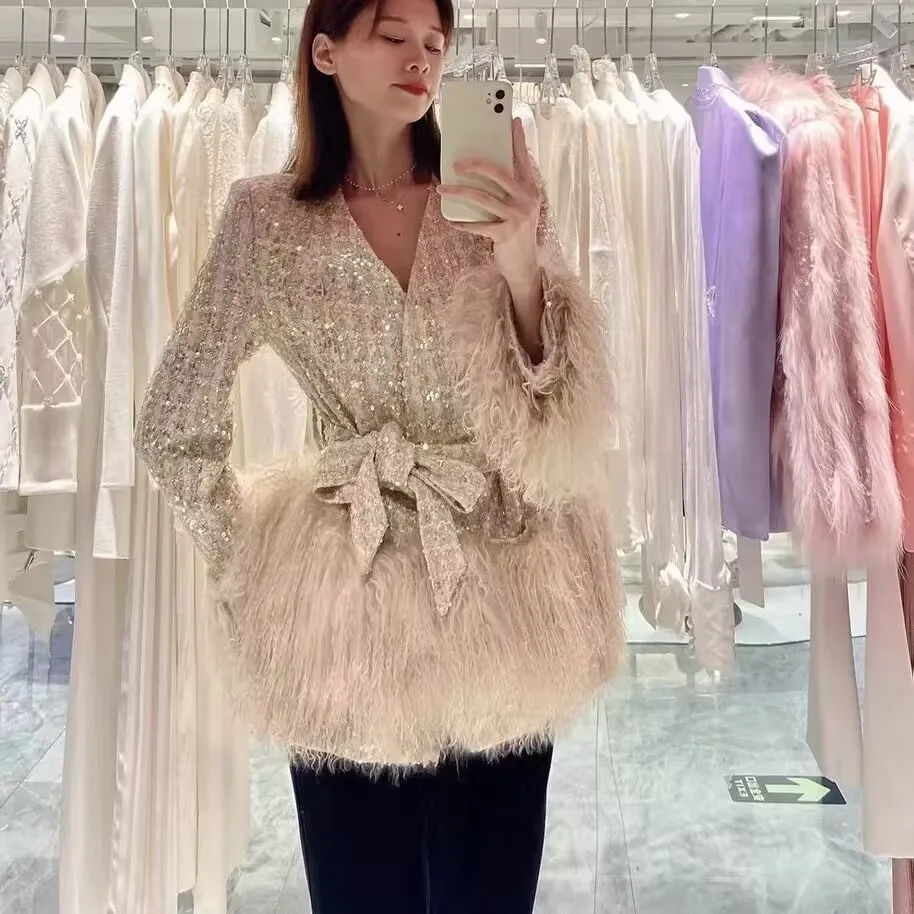 Women Bling Gold 2024 Cardigans Long Sleeve Embellish Knit Coat Outerwear Loose Korea v-neck fur coat Open Stitch Lady