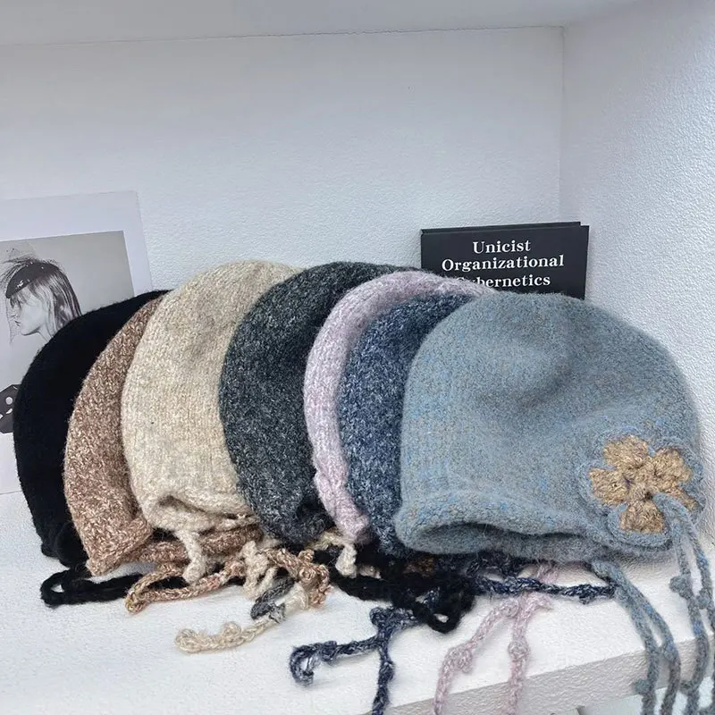 Vintage Floral Tassel Knit Slouchy Beanie Hat Women Autumn Winter Warm Cuffed Drawstring Knitted Skullcap Ladies Wrap Headwear