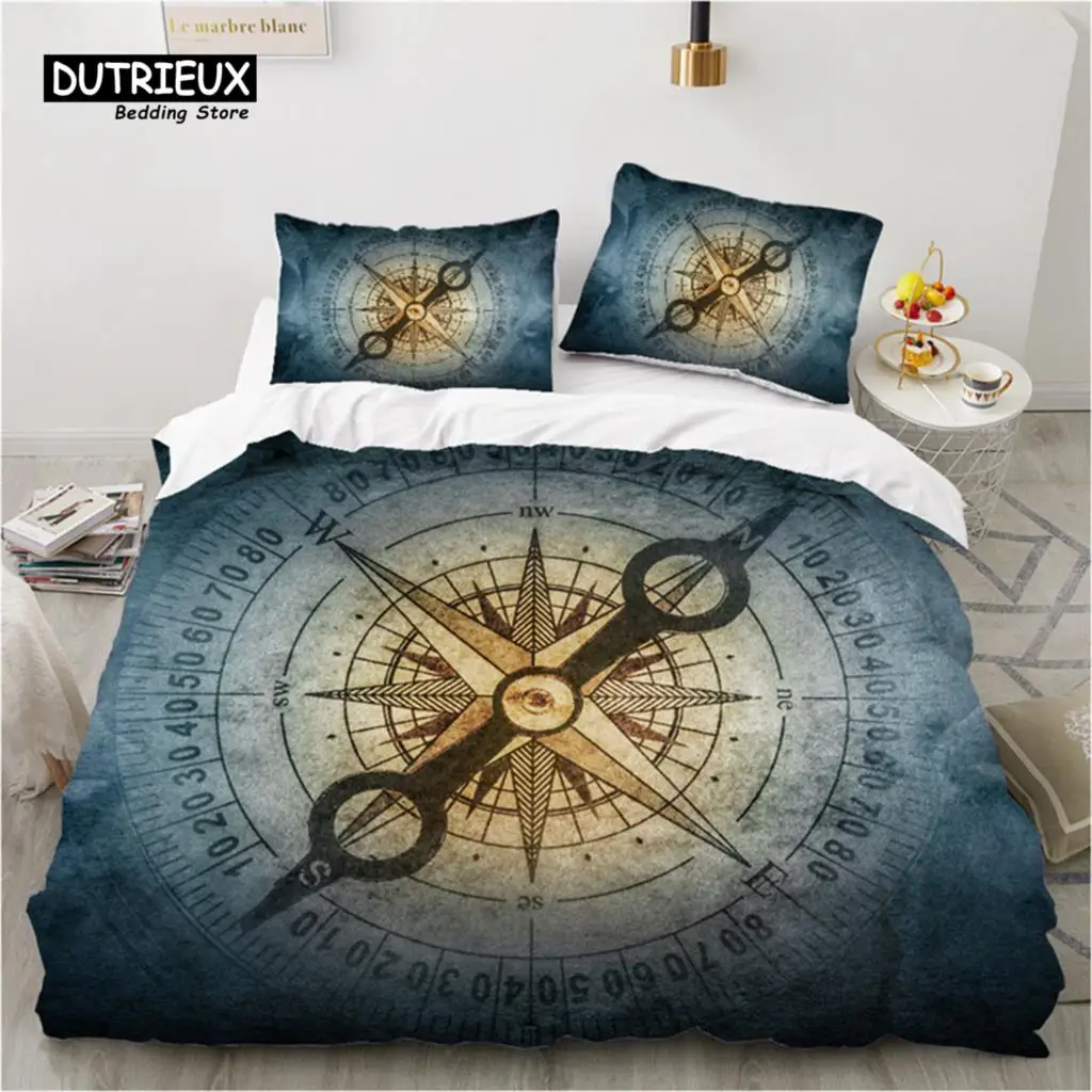 Compass Duvet Cover Vintage World Map Bedding Set Nautical Compass On Background Old Map Comforter Cover For Kids Adults Decor