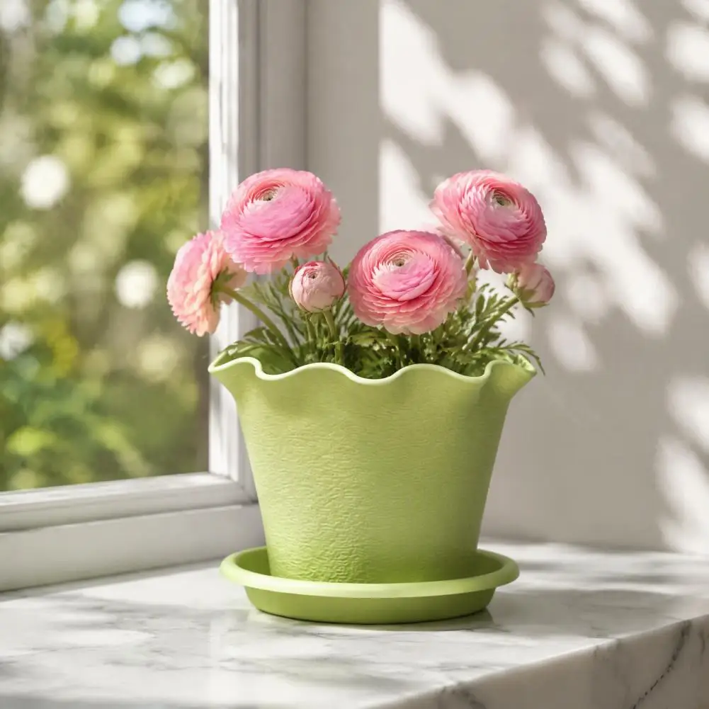 Plant Containers for Flowers Breathable Plastic Planter Wavy Edge Planter with Saucer Thickened Flower Pot with Drainage Holes