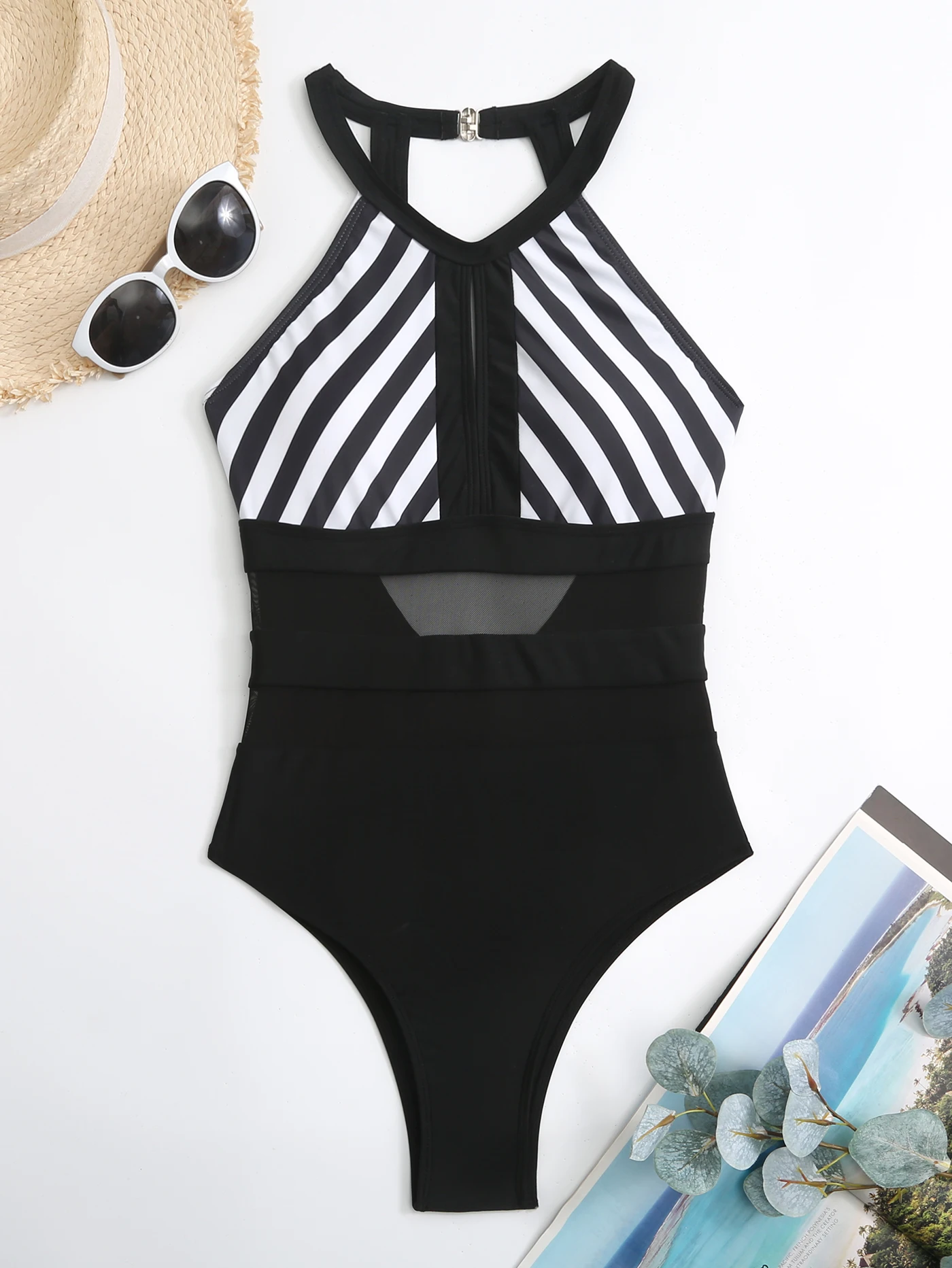 One Piece Swimsuit Women Mesh Patchwork Swimwear Slimming Bodysuit Summer Beach Bathing Suit