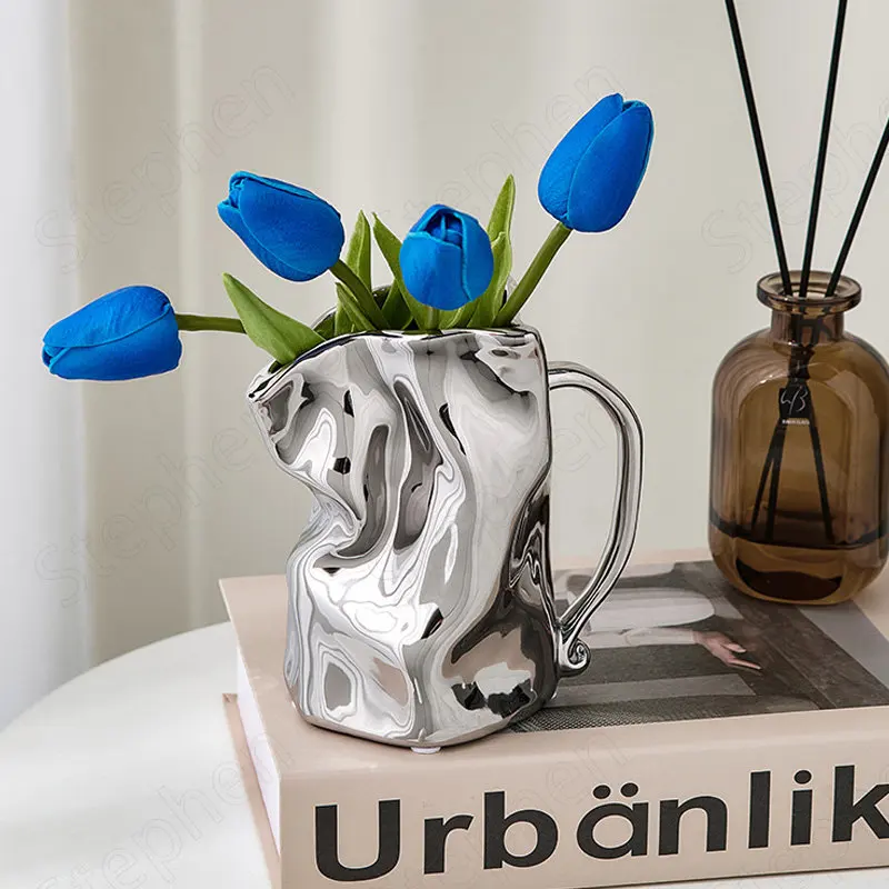 Silver Plated Pleated Art Ceramic Vase Nordic Modern Ins Dried Flower Vases with Handle Coffee Table Desktop Ornament Home Decor