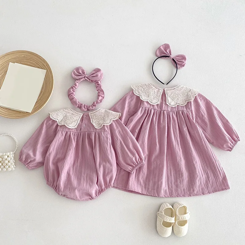 

Хлопковая детская одежда с кружевной вышивкой и длинными рукавами, детские платья для девочек, весенне-осенний комбинезон для малышей, платье принцессы для маленьких девочек