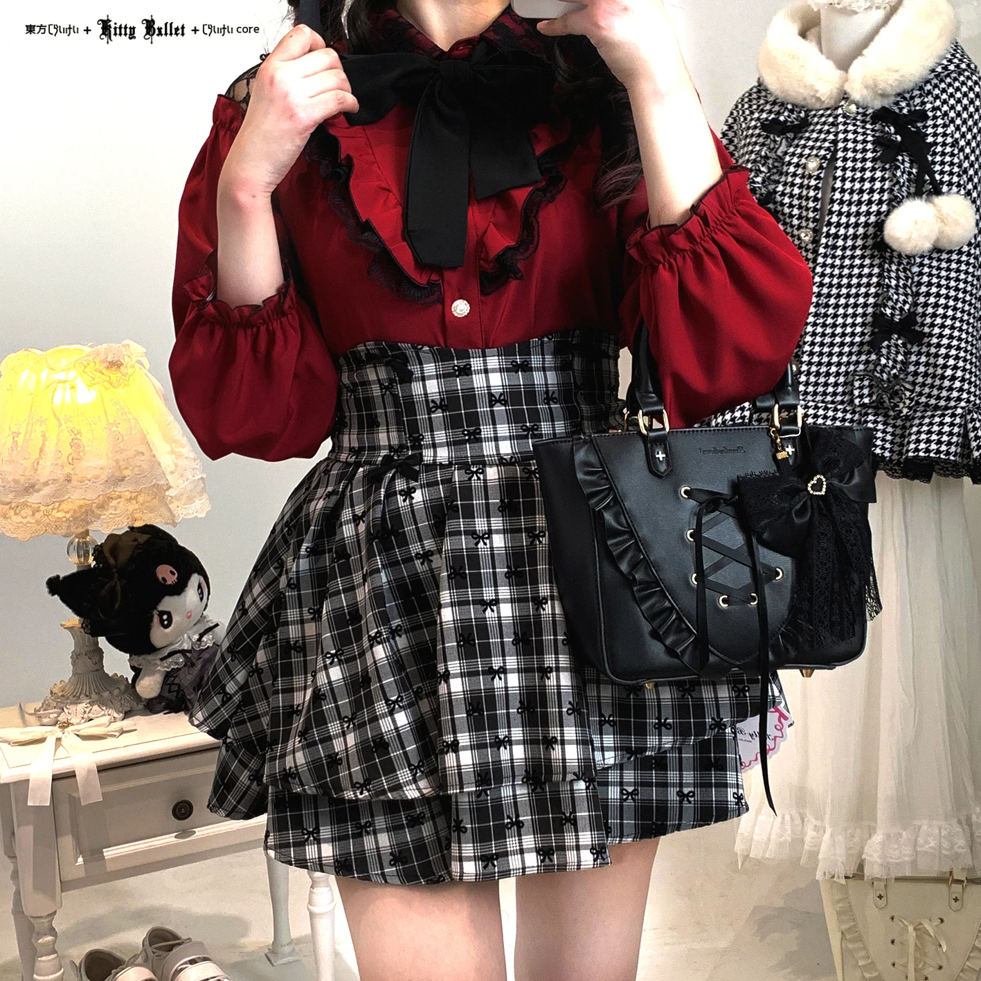 الأصلي الألغام الإنتاج الضخم الأحمر منقوشة تنورة Pring والخريف جديد الفتيات المرأة عالية الخصر التخسيس أنيقة لوليتا السراويل تنورة