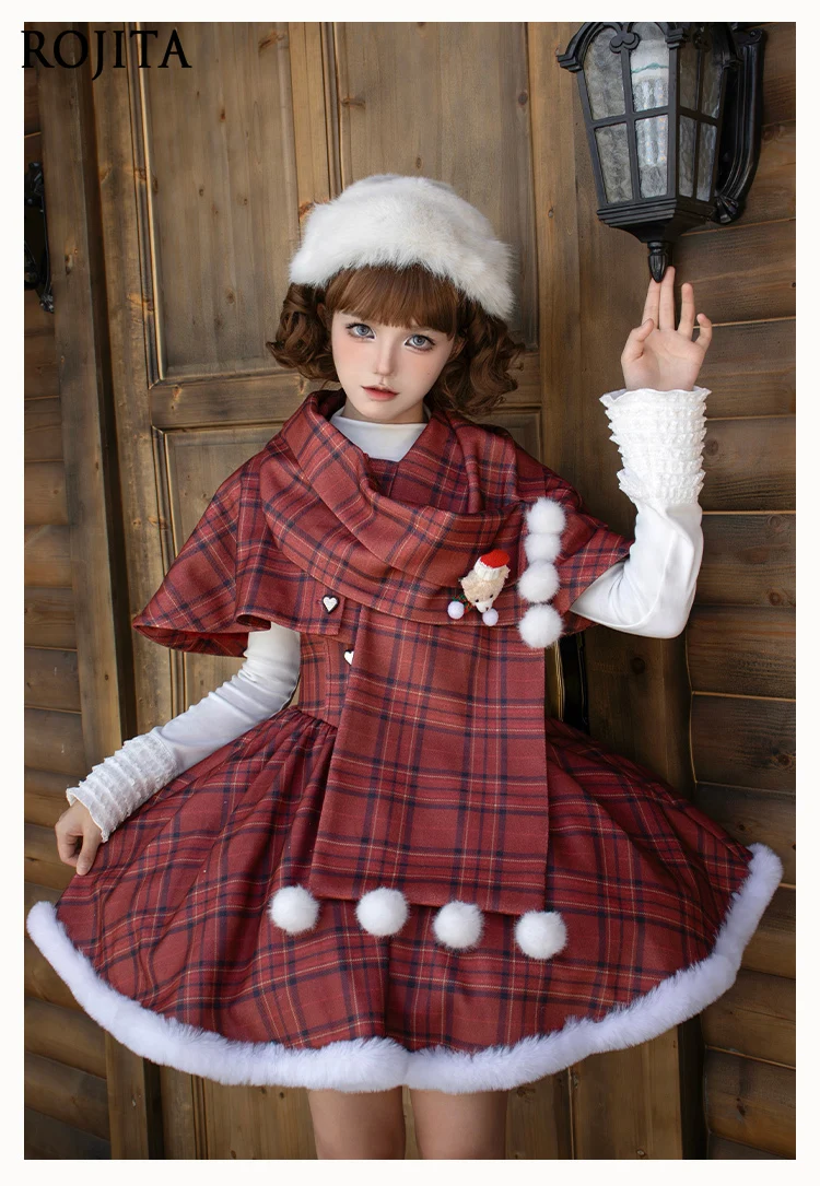 LolitaVintage الأحمر منقوشة قصيرة هيكل السمكة الصدر دعم فستان للنساء وشاح على غرار كيب Twinset الخريف الشتاء لوليتا الملابس