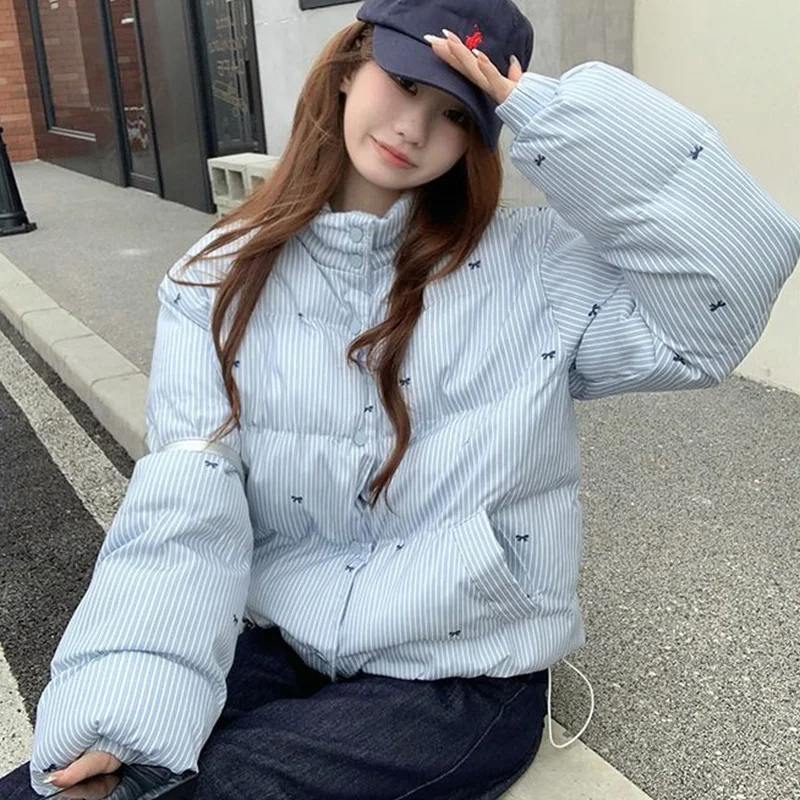 

Корейские полосатые парки для женщин, зима 2023, шикарная синяя куртка-парка с бантом, женские однобортные хлопковые куртки Mujer