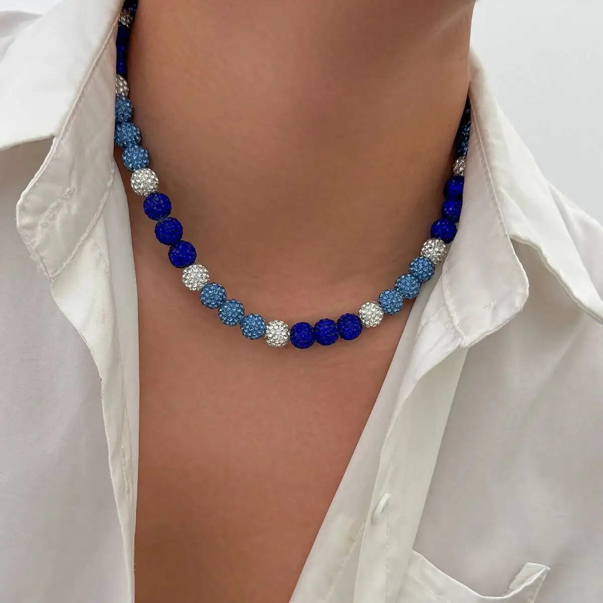 SHIXIN Hiphop Blue Rhinestone Bead Chain Short Choker Necklace for Men Creative Adjustable Round Ball Necklace Male Neck Jewelry