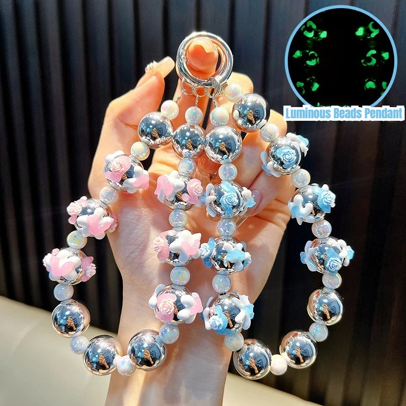 

Luxury Keychain Luminous Flowers Painted Beads W/Card Phone Chain Charms Bag Decoration Pendant Hanging Ornament Jewelry Gift