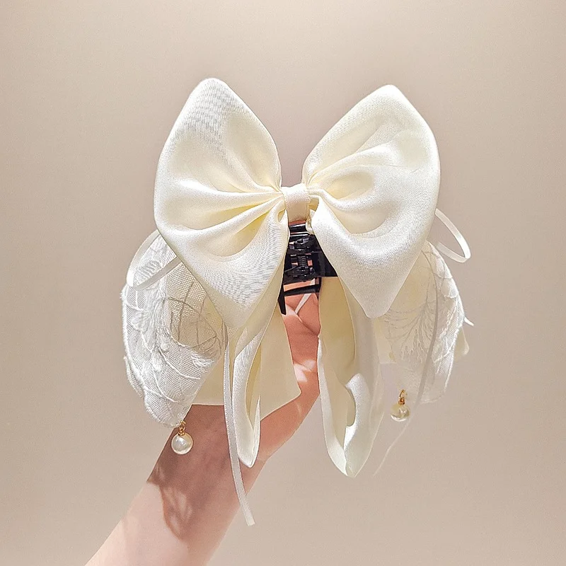 กิ๊บติดผมริบบิ้นตาข่ายพิมพ์ลายหวานสำหรับผมหางม้าขนาดเล็ก กิ๊บติดผมทรงดังโงะด้านหลังศีรษะ