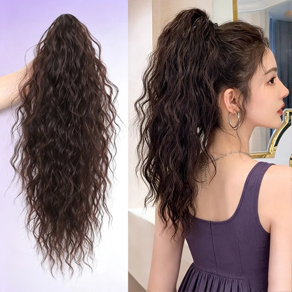 Synthetic 20 inch clip on fluffy wavy long curly ponytail suitable for women's daily parties Halloween Christmas wear