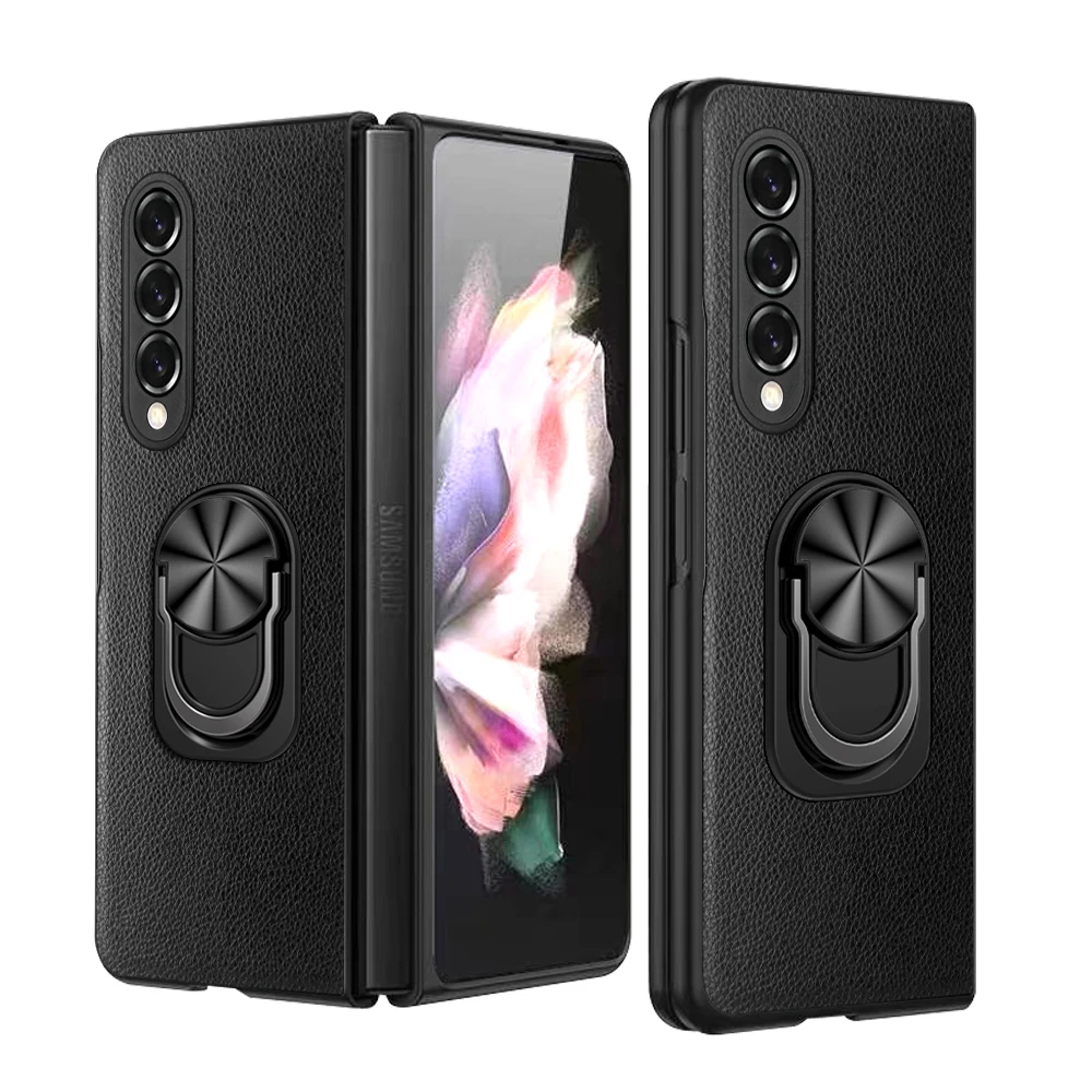 Anti-Dust Finger Ring Leather Cover Case for Samsung Galaxy Fold 3 Fold2 Fold 2 5G Fold3 Kickstand Phone Bag Capa