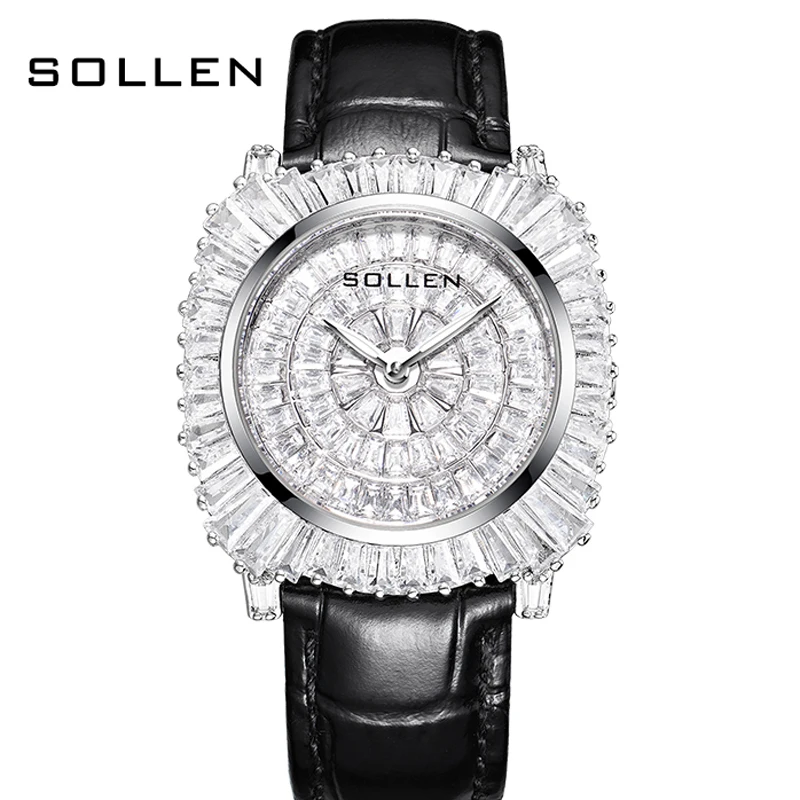 New Switzerland SOLLEN Luxury Brand Japan MIYOTA 203A Quartz Women\'s Watches Fashion Full Diamond Waterproof Leather Clock SL435