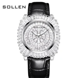 New Switzerland SOLLEN Luxury Brand Japan MIYOTA 203A Quartz Women's Watches Fashion Full Diamond Waterproof Leather Clock SL435