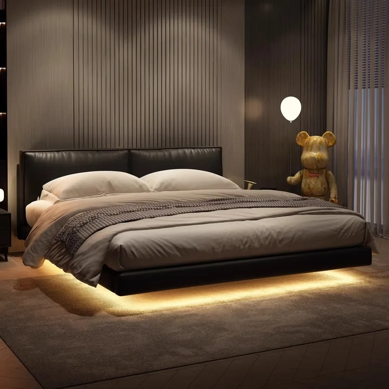 

150cm180cm Neoclassical Bed Modern Master Bedroom High-grade Double Bed Soft Genuine Leather Suspended Black Light Gray Bedframe