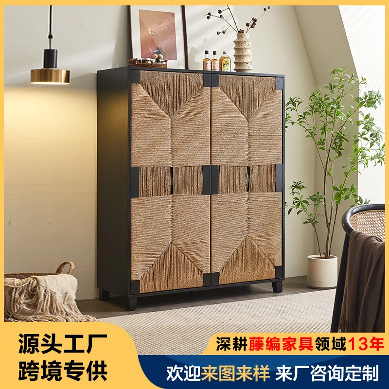 

Medieval Rattan Woven Solid Wood Dining Side Cabinet Black Porch Storage Cabinet Double Door Cabinet