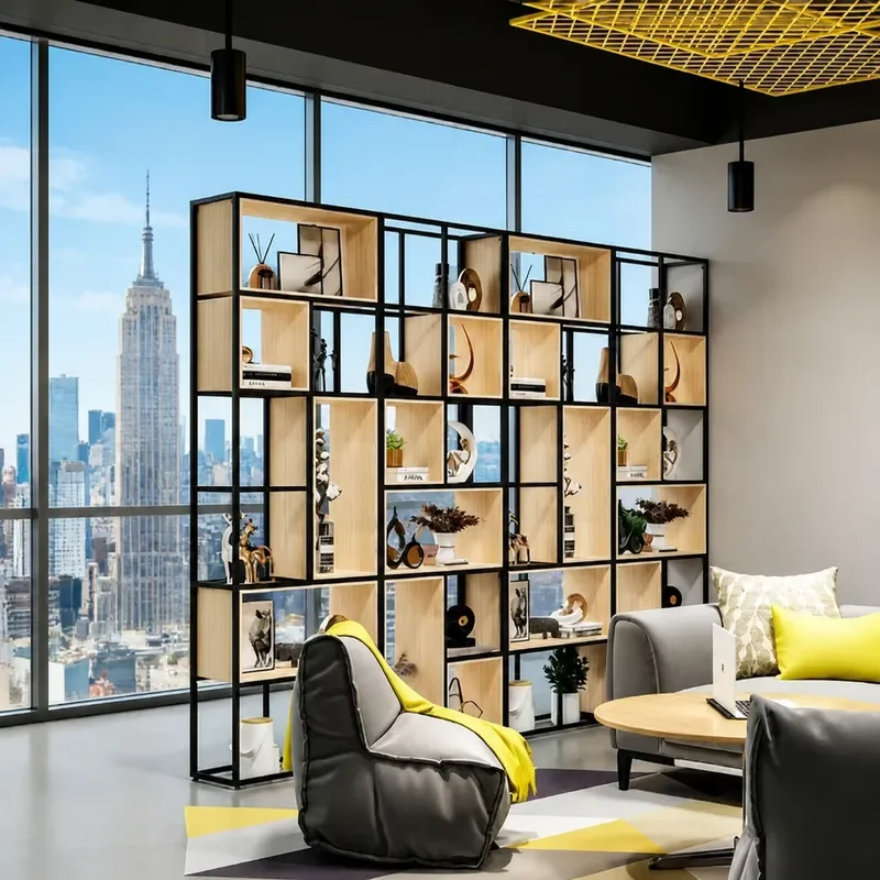 Wrought Iron Bookshelf Floor Partition Shelf Office Screen Bookcase Display Shelf Dining Room Storage Solid Wood Simple