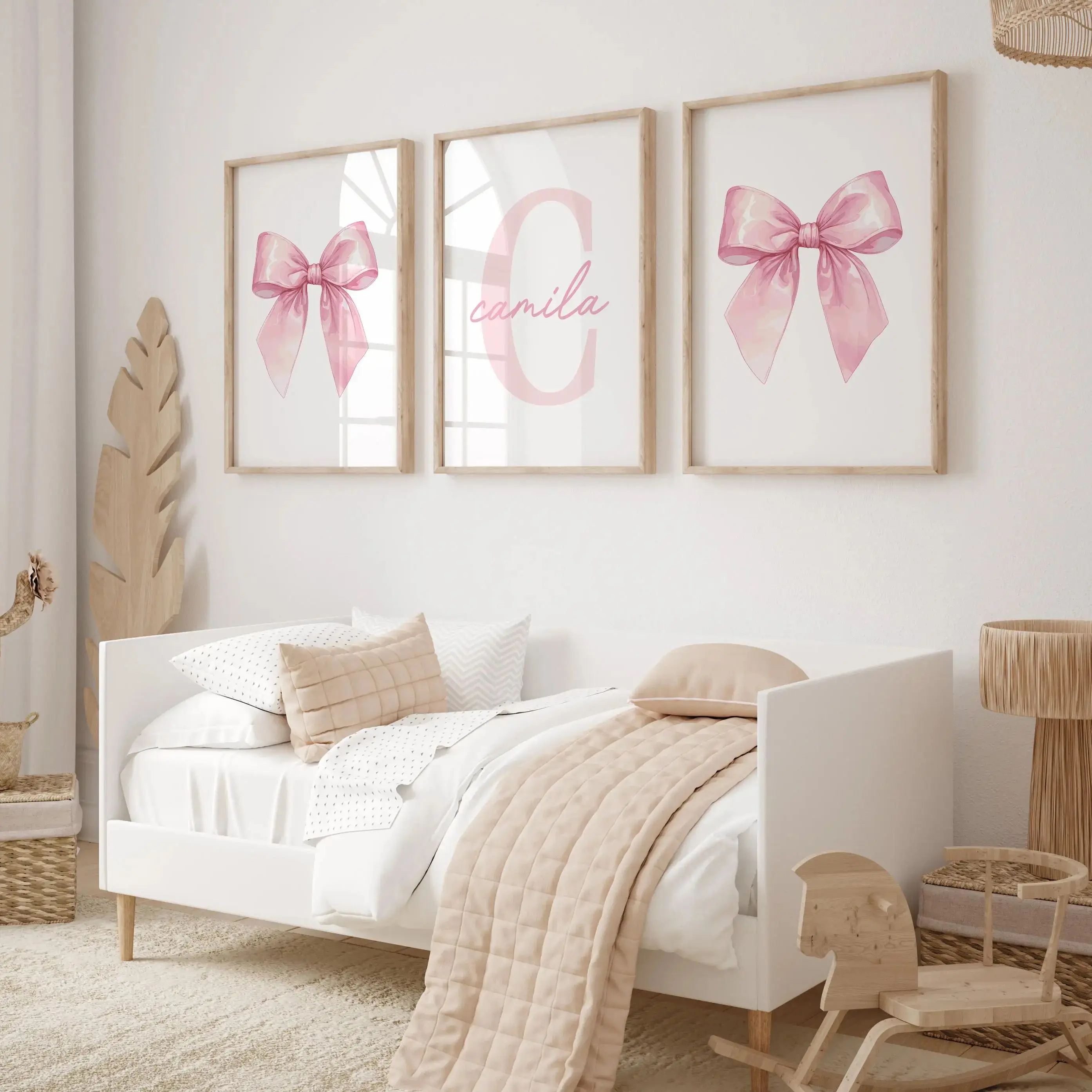 Custom Pink Bow Watercolor Wall Art Set Prints Personalized Name Sign Room Decor Custom Initial Girly Art Nursery Decor Gift image 3