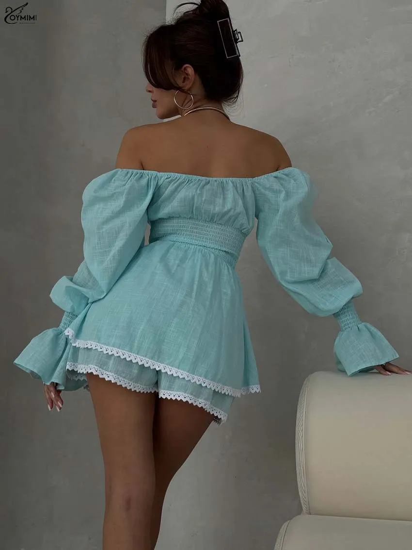 Oymimi ファッション ホワイトコットン 2 ピースセット女性の服装エレガントなストラップレス長袖レースアップボタンシャツとレースショーツセット