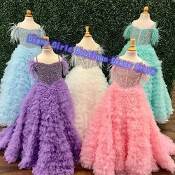 Quality Layering Tulle Flower Girl Dress Luxury Appliqué Tulle Fluffy Little Princess Pageant Kids Birthday Party Evening Gowns