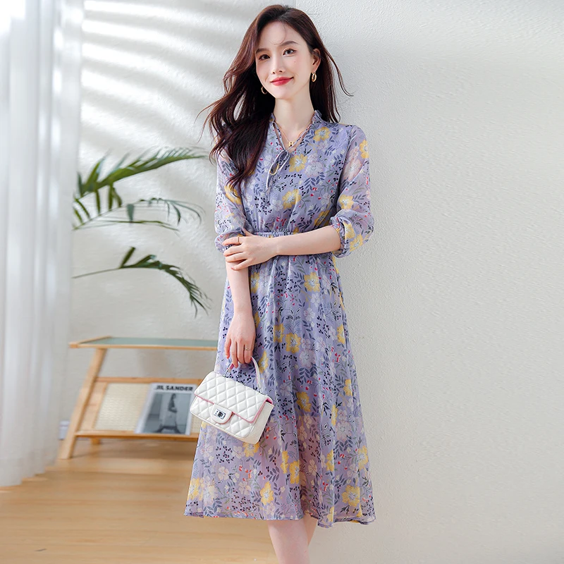 

Purple Female Summer Pleated Dress Long Sleeve Bowknot Collar Button Fly Elegant Office Lady Floral Chiffon Dress Cute