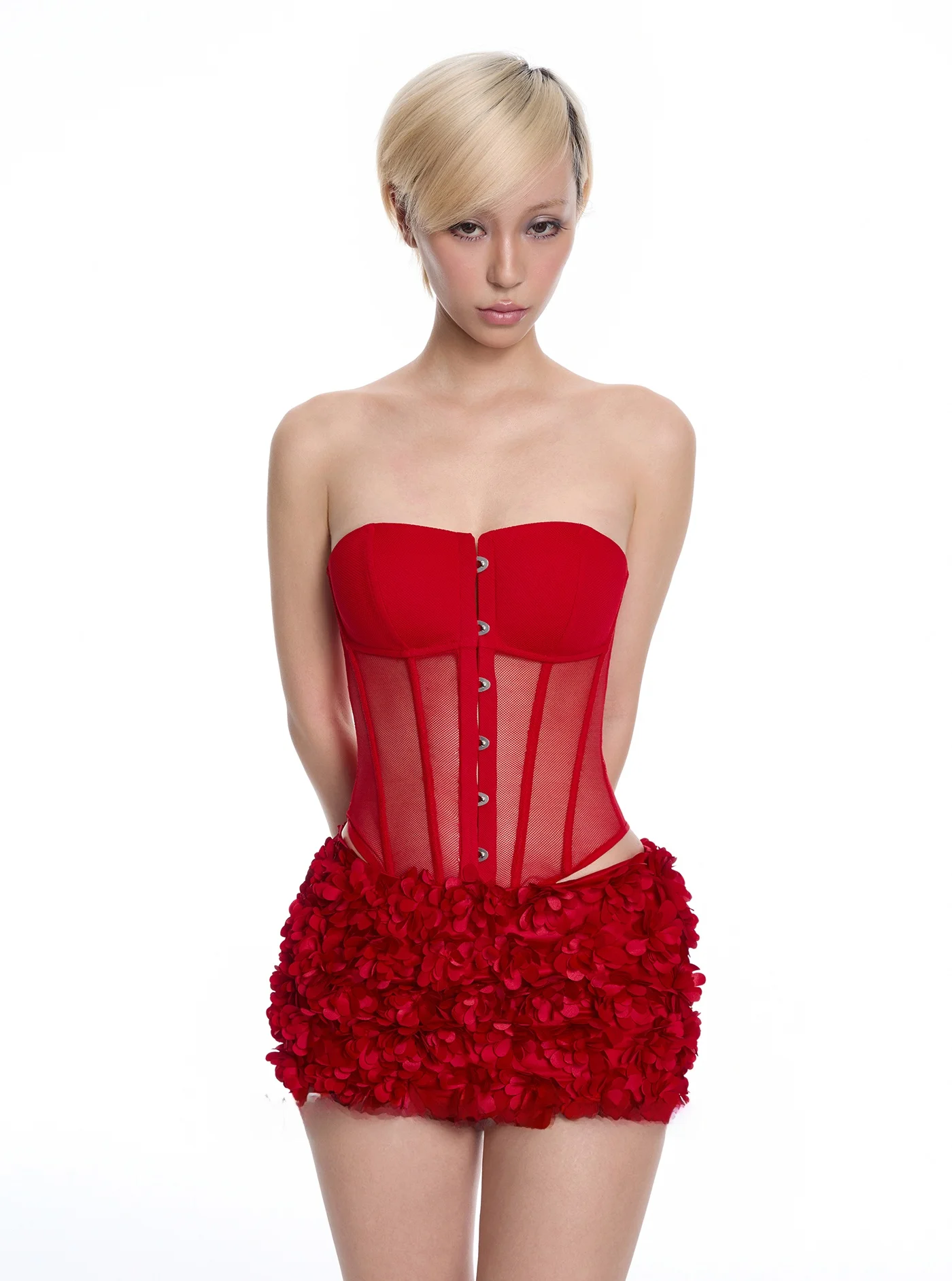 

Sexy Red Pure Desire Strapless Cake Short Skirt Set Christmas Limited Edition Women's Fashion Set Polyester Fiber Slim Fit