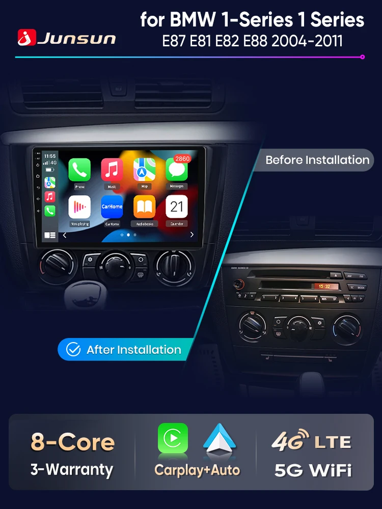 Junsun Android Auto Autoradio für BMW 1er-Serie E87 E81 E82 E88 2004 2005-2011 Multimedia Wireless Apple CarPlay Intelligente Systeme IPS Touchscreen Stereo Videoplayer 2 Din Autoradio Head Unit