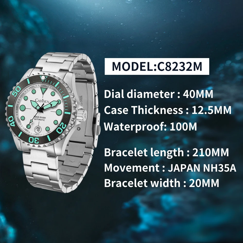 Cadisen Watch For Men NH35 Automatic Mechanical 40 mm Sapphire Super Luminous Business Dress WristWatch 100m Waterproof Watch