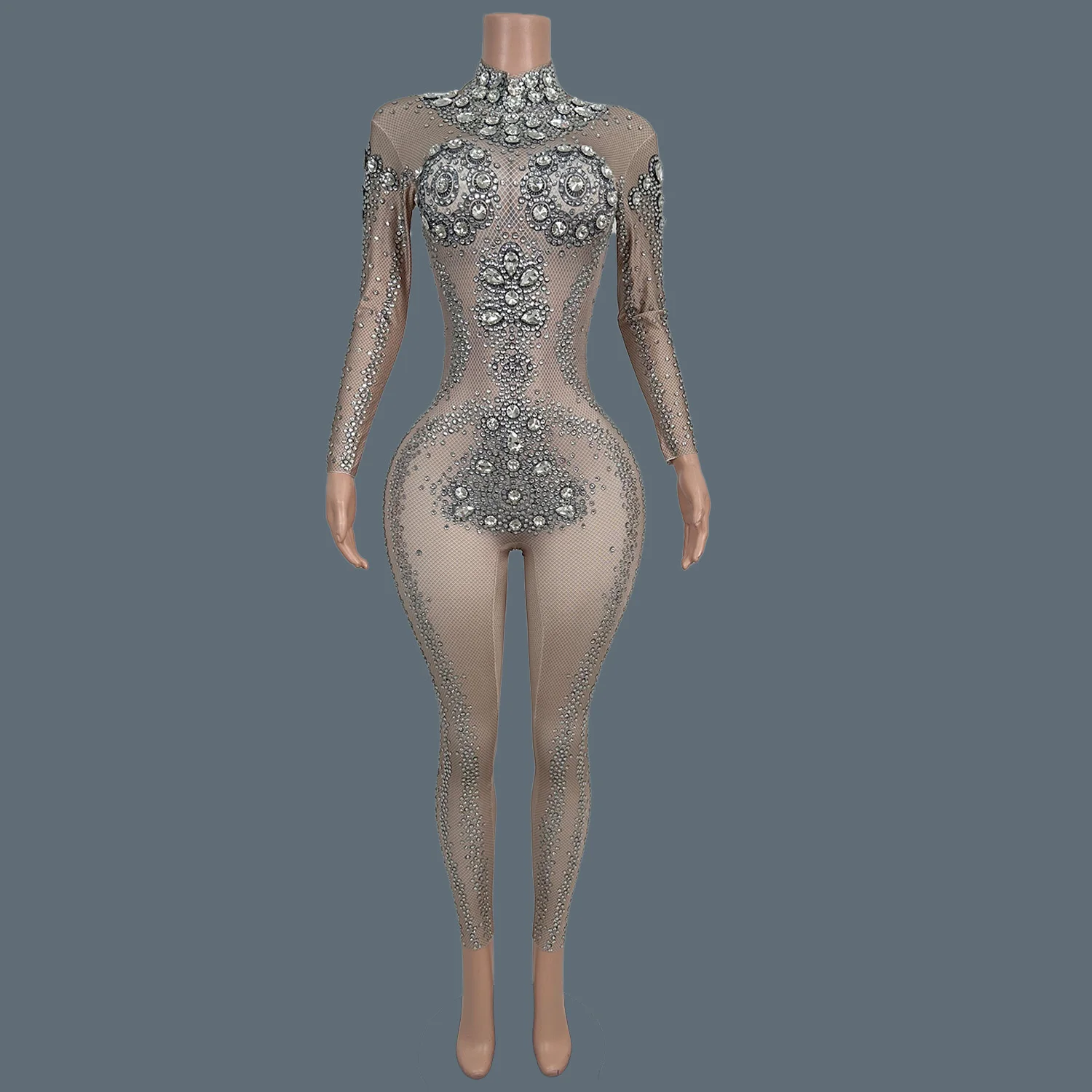 

Spandex Elastic Tight Fitting Jumpsuit Stunning Rhinestone Applique Long Sleeve Unitard for Showgirl Cabaret Party Outfit Hulu