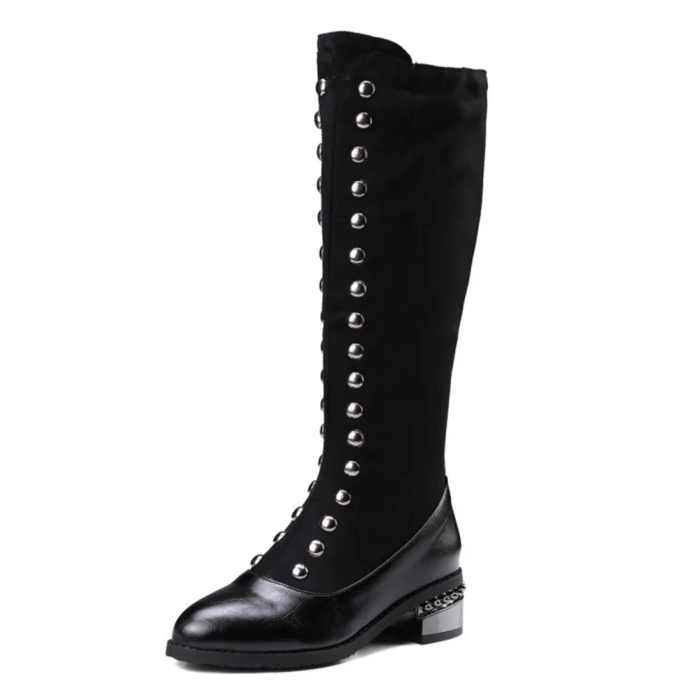 BLXQPYT Knee High Boots Women Fashion Round Toe Square Heel Inner Zipper Party Dress Black Long Boots Big Size 46 47 48 6-66