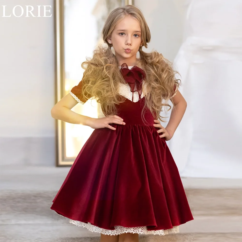 LORIE-vestidos elegantes de terciopelo burdeos para niña, vestidos de flores acampanados de manga corta con cuello redondo, encaje plisado, vestido de fiesta de cumpleaños de hadas personalizado