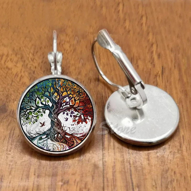 Pendientes de árbol de la vida, aretes redondos de cristal, mujer