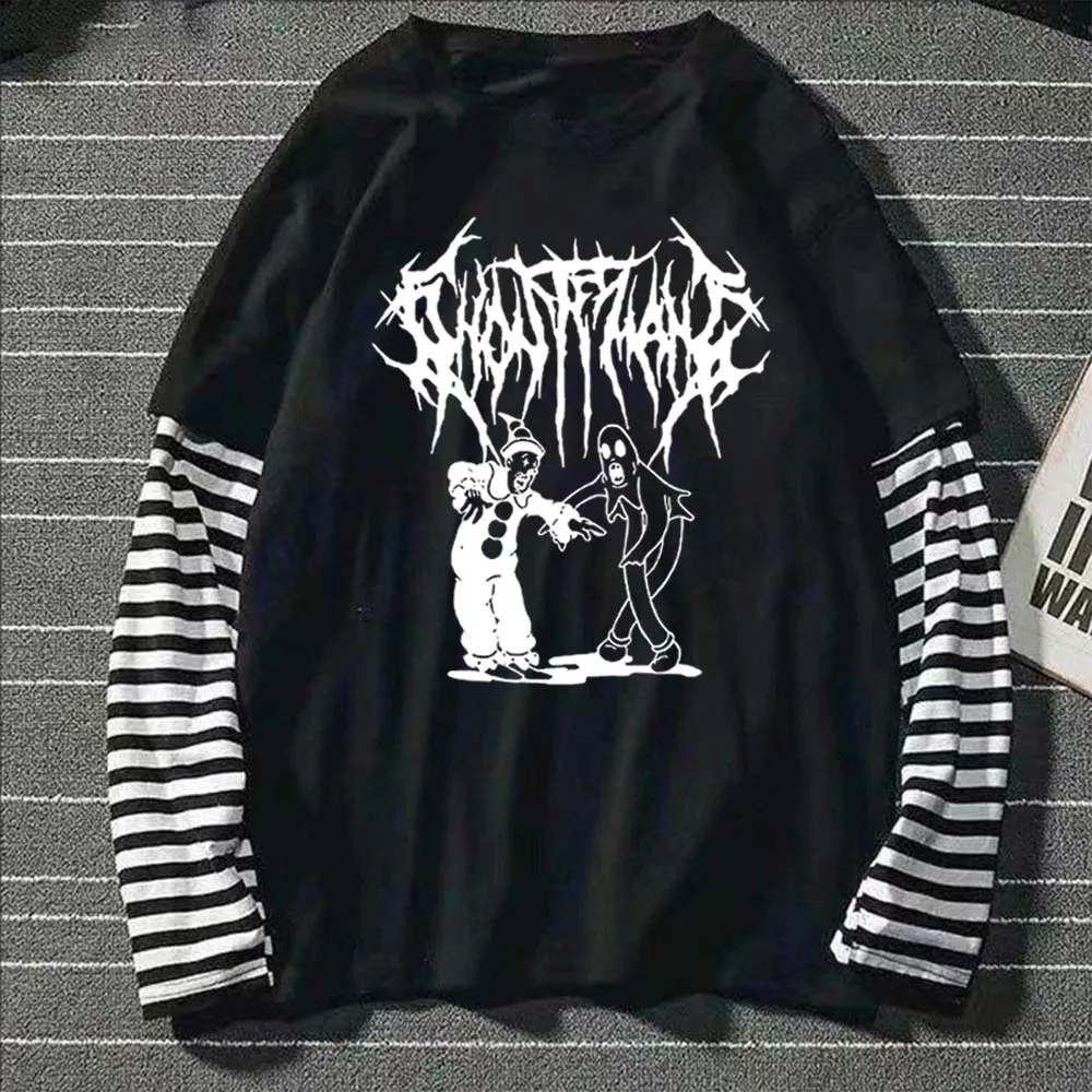 Damen Gothic Y2K Muster-Print Fake Two Langarm-T-Shirts Mode Retro Lässig Locker Hip Hop Fake Two Langarm-T-Shirt – Detail 4