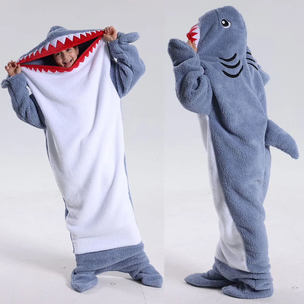 Sudadera con capucha de tiburón para hombres y mujeres, manta de Sherpa de lana para adultos, mantas cálidas de invierno, mono divertido, saco de dormir para fiesta de sueño
