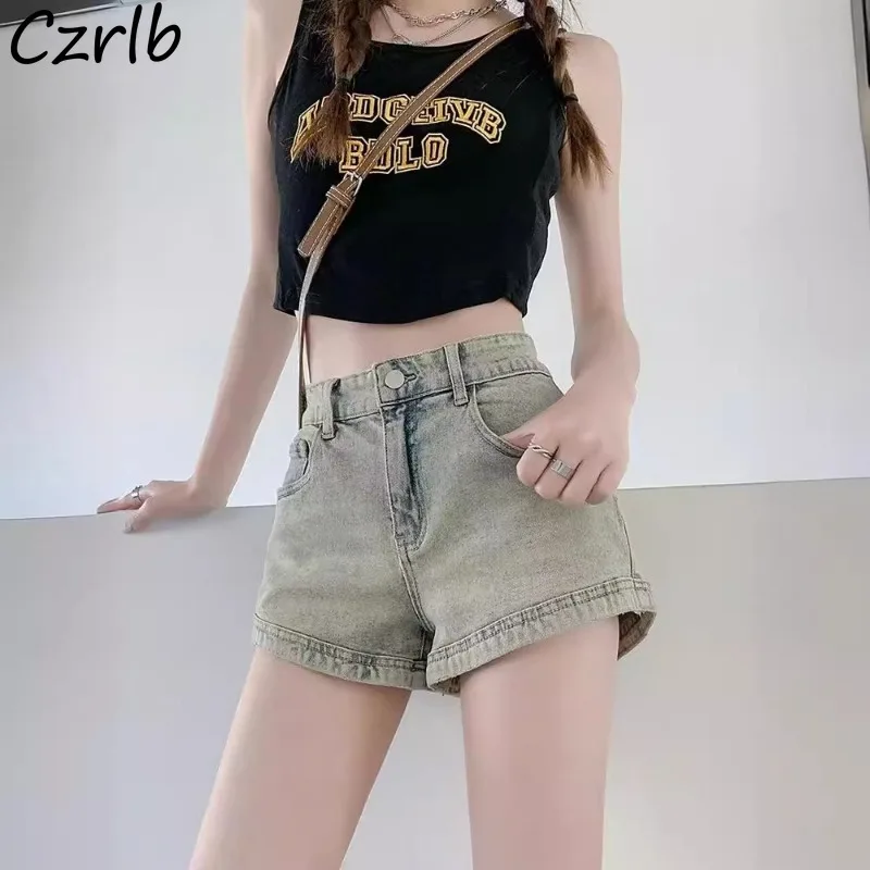 アメリカンレトロデニムショーツ女性夏ジッパーポケットワイドレッグファッションストリートウェアだぶだぶの韓国スタイルヴィンテージセクシーなストリートウェア