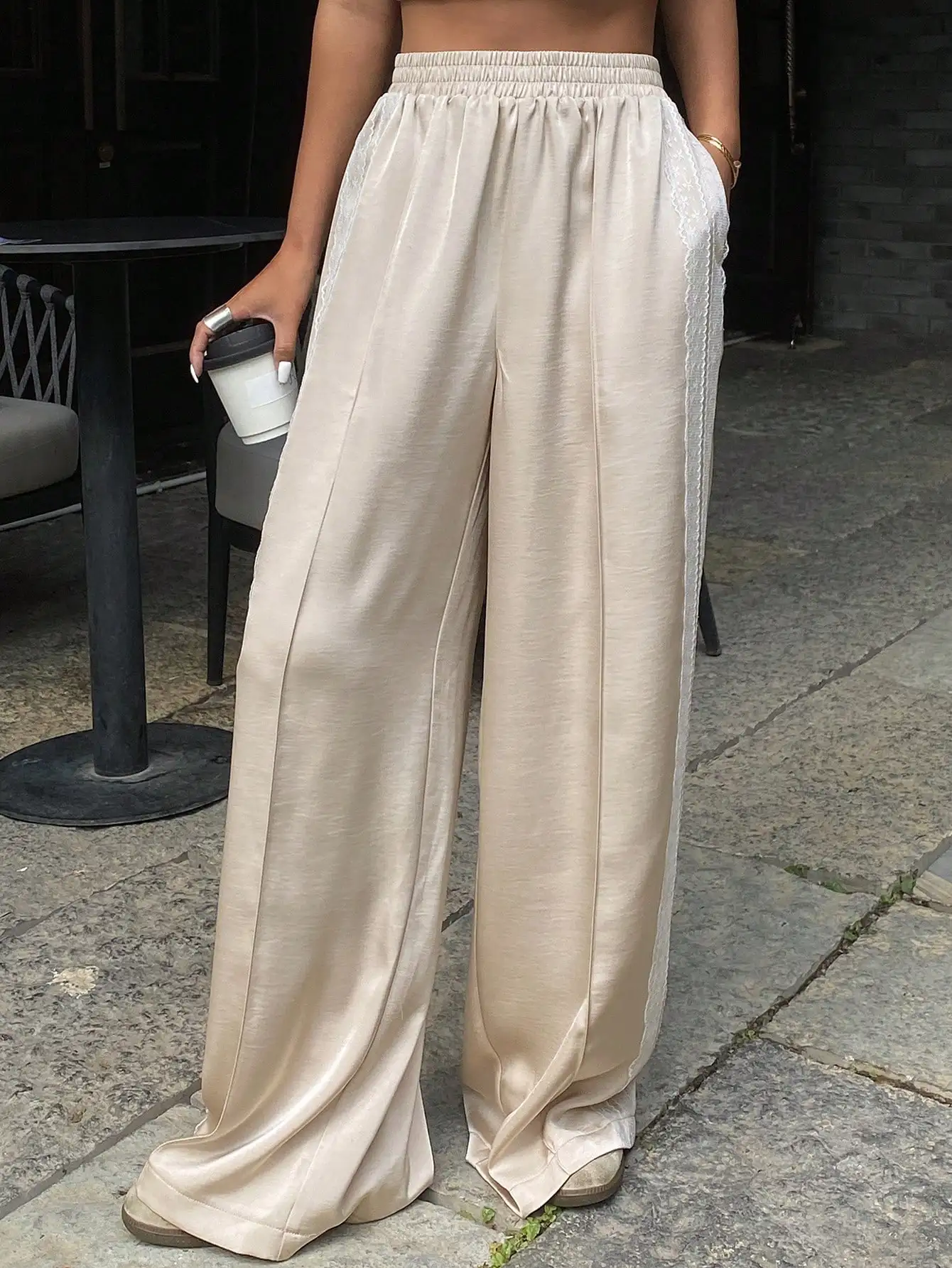 

Women's Lace Trim Elastic Waist Wide Leg Pants Casual Full Length