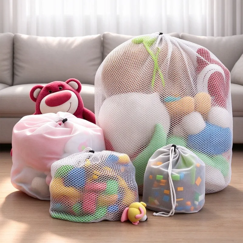 Netz-Spielzeug-Aufbewahrungstasche mit Kordelzug, große Kapazität, Organizer für Kuscheltiere und Bausteine, tragbare Netztasche für das Kinderzimmer – Detail 2