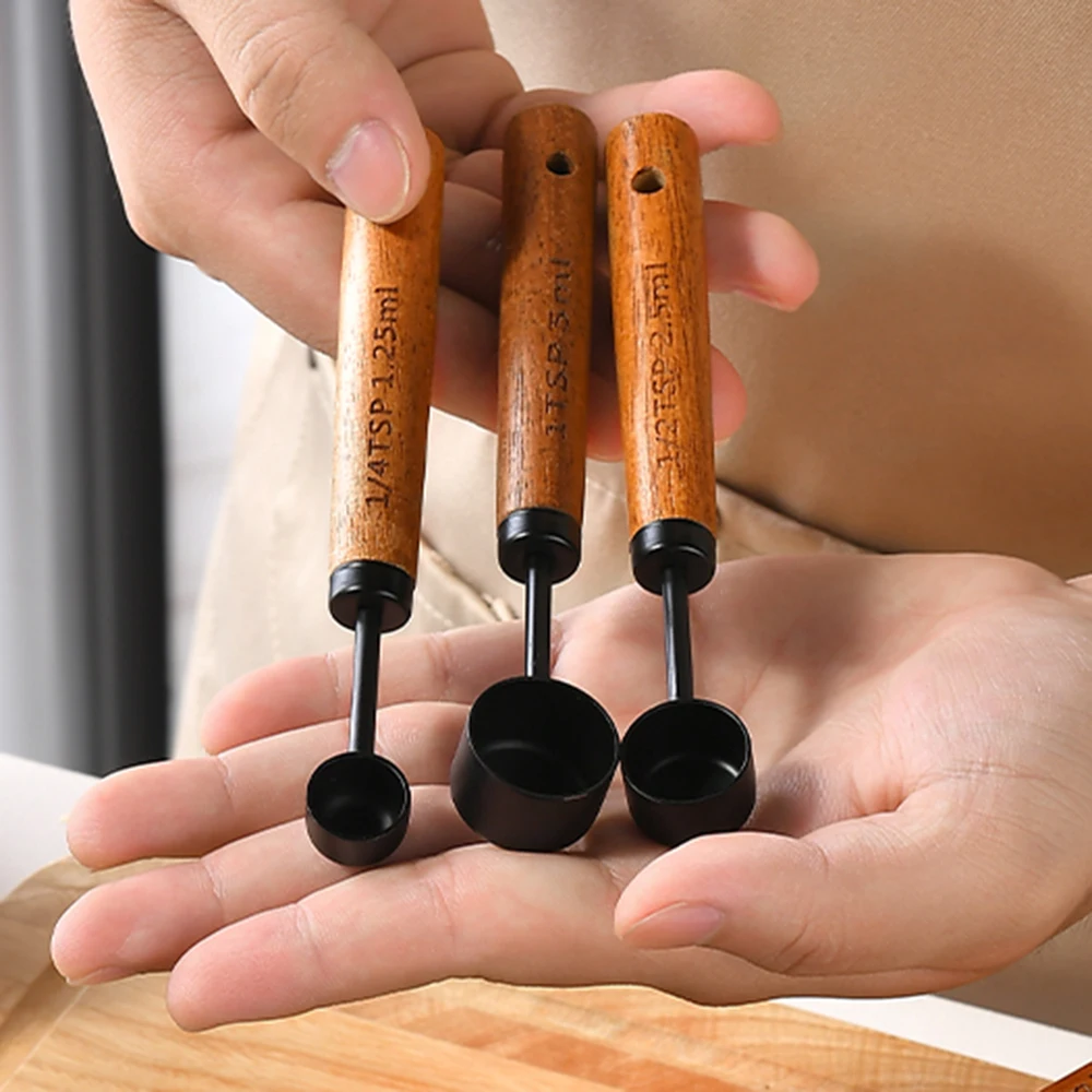 Picture 5: 4Pcs/Set Silver Wooden Handle Stainless Steel Measuring Spoons Baking Tools Coffee Bartending Scale Kitchen Accessories Set