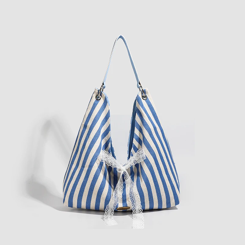 Summer Fashion Double-Side Women's Large Capacity Canvas Shoulder Bag Casual Large Double Stripe Simple Design Shopping Bag 2025