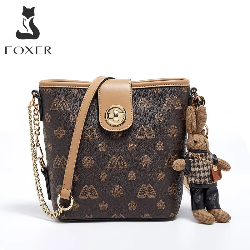 FOXER Women\'s PVC Crossbody Shoulder Bags Lady Small Bucket Bag Fashion Girls Messenger Bags High Quality Phone Bag with Pendant