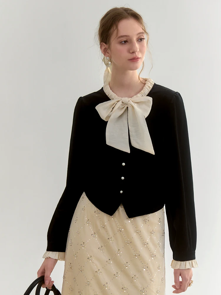 

Бархатный топ из лиширозы для женщин, дизайн с бантом, уникальный красивый смысл, осень-зима, прямая трубка, длинный све, чистый цвет, irt