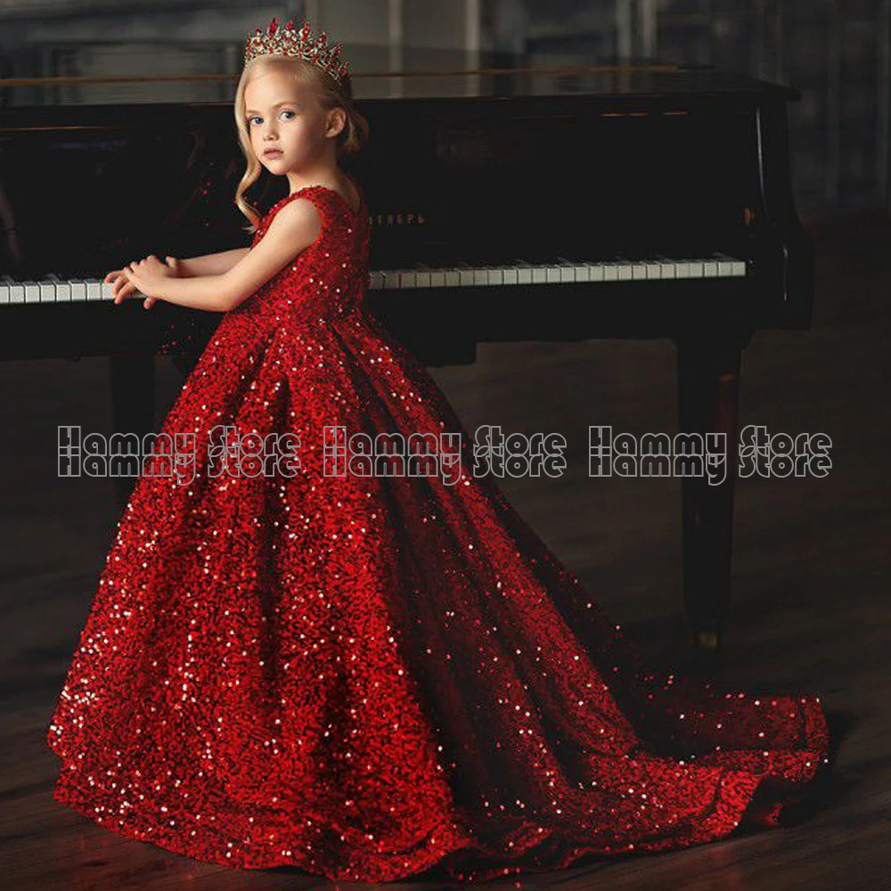 Red Ball Gown Flower Girl Dress Customized O Neck Sleeveless Glitter Sequin Long  Birthday  Kids Graduation Party Dresses